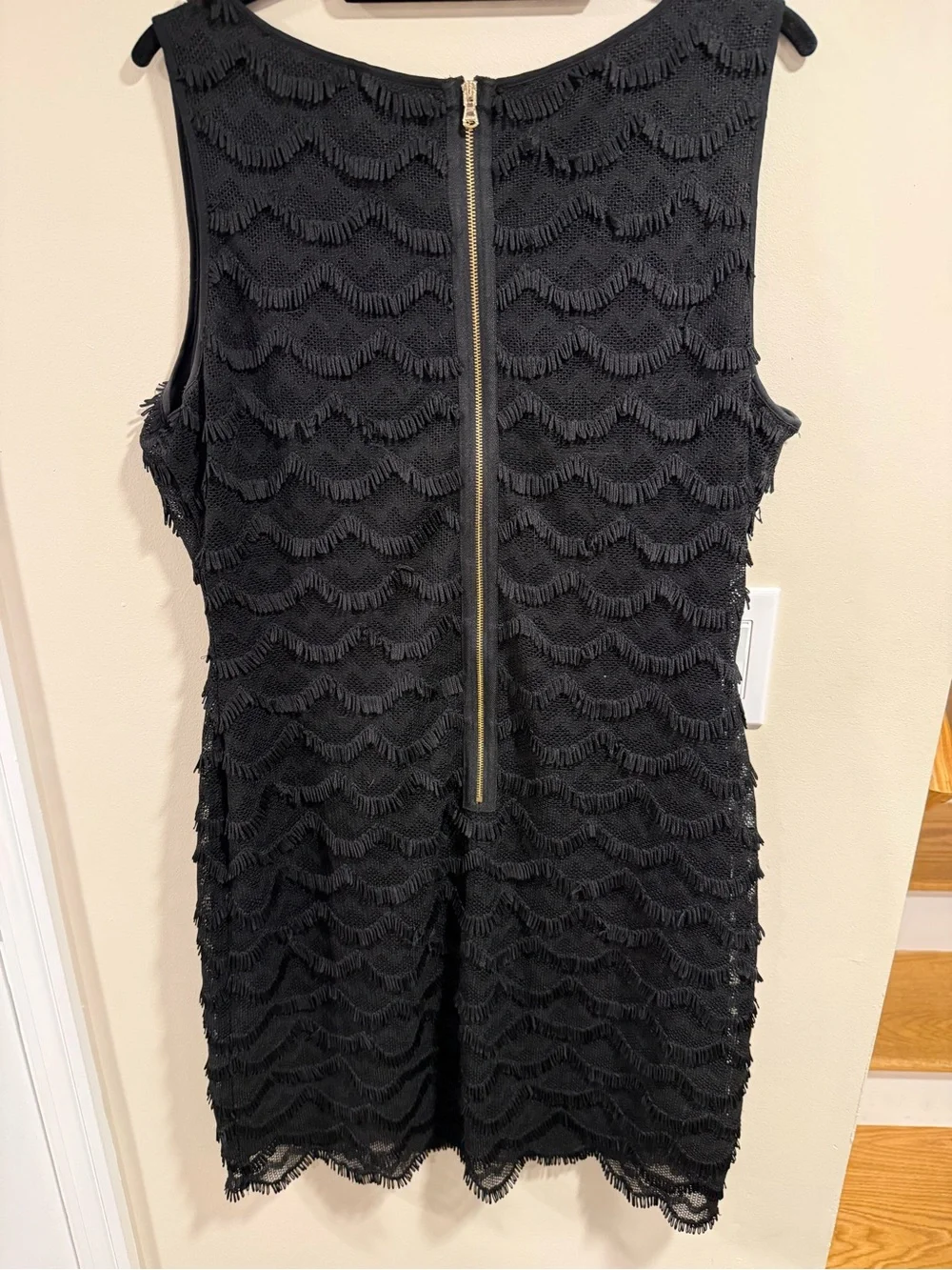 Guess Black Fringe Scalloped Mesh Sleeveless Mini Shift Grunge Dress Size 14